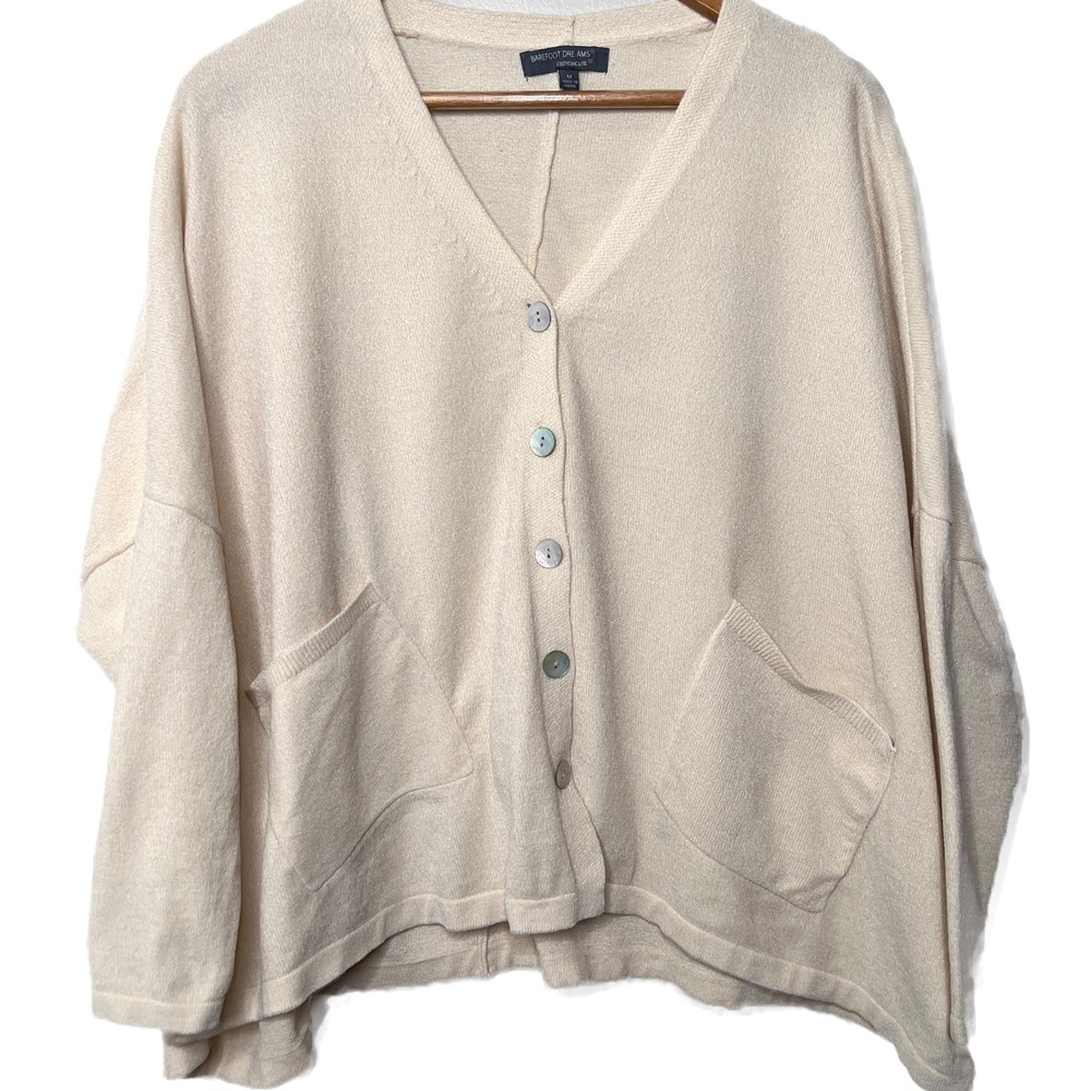 Barefoot Dreams CozyChic Womens Cardigan Cream Button 3/4 Sleeve Pockets Size M - Picture 2 of 8